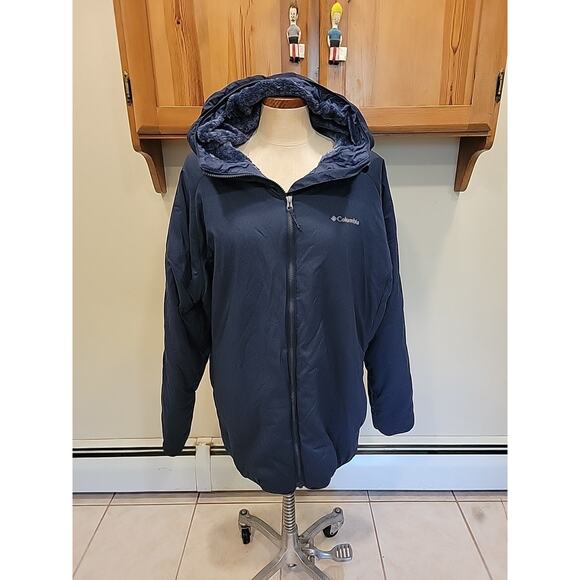 Columbia Kruser Plush Softshell Jacket Womens 3x Navy Blue Hood Fleece Lined - Picture 1 of 12